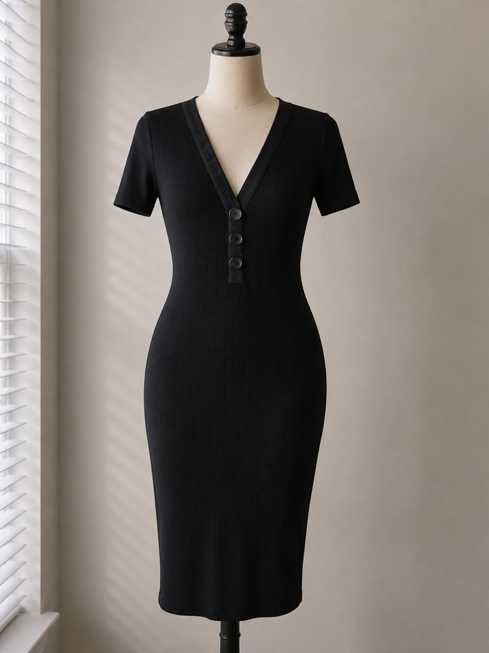 Zara Black V-Neck Midi Dress with Button Detail